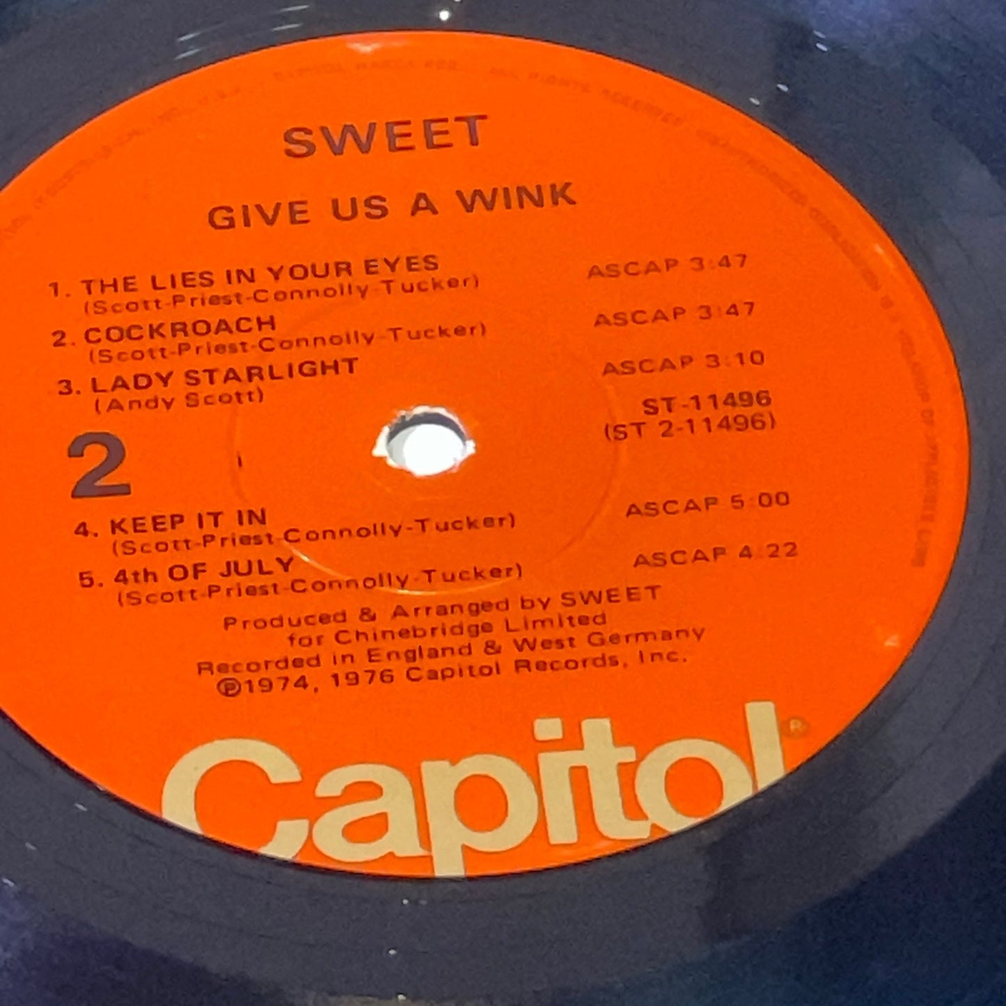 SWEET Give Us A Wink ST-11496 UK VINYL RECORD 1976 Capitol Records