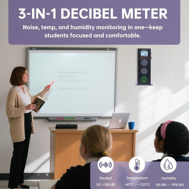 Noise Detector with Traffic Light Alert & Adjustable dB Threshold & Volume, Temp & Humidity Display, Metal Housing, for Classroom Noise Control, Fun Interaction for Easy Noise Management