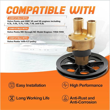 3858847 Sea Water Pump 6.5" Pulley for Volvo Penta OMC for MD thru NC 1994-1996 Replaces OE 3855778 3852398 3851623