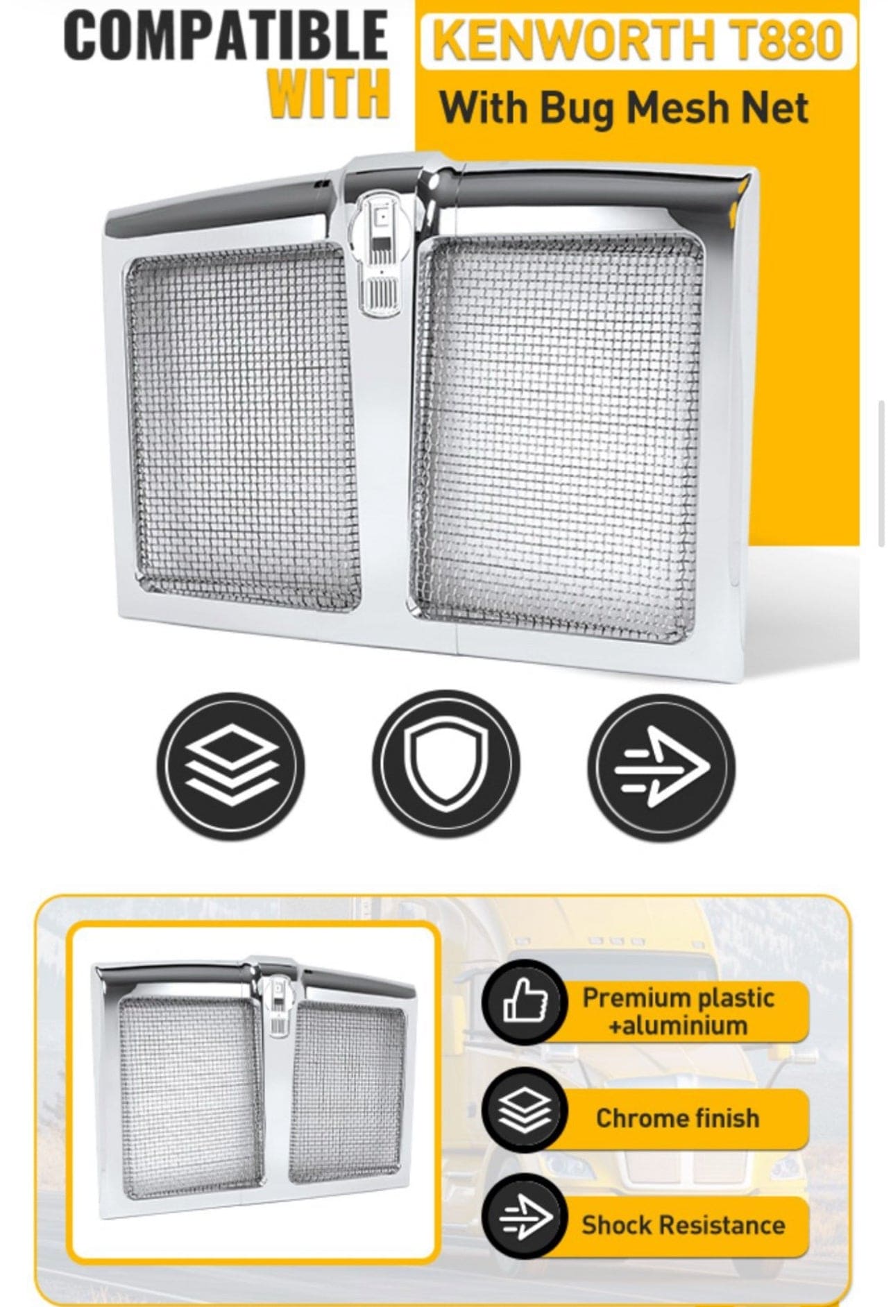 Bumper Grille for 2010-2024 Kenworth T680 Radiator Grill w/Bug Screen Silvery Plastic + Aluminium Replacement for L296155100 L456064110