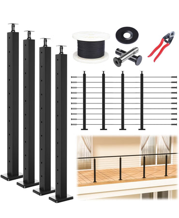 Muzata 15-20FT Modular Black Cable Railing Kit 36” 4 Level Post Kit Complete Set Cable Railing System For Decks Length Adjustable Easy DIY With Paper User Guide (No Handrail) RWS2 BH4S