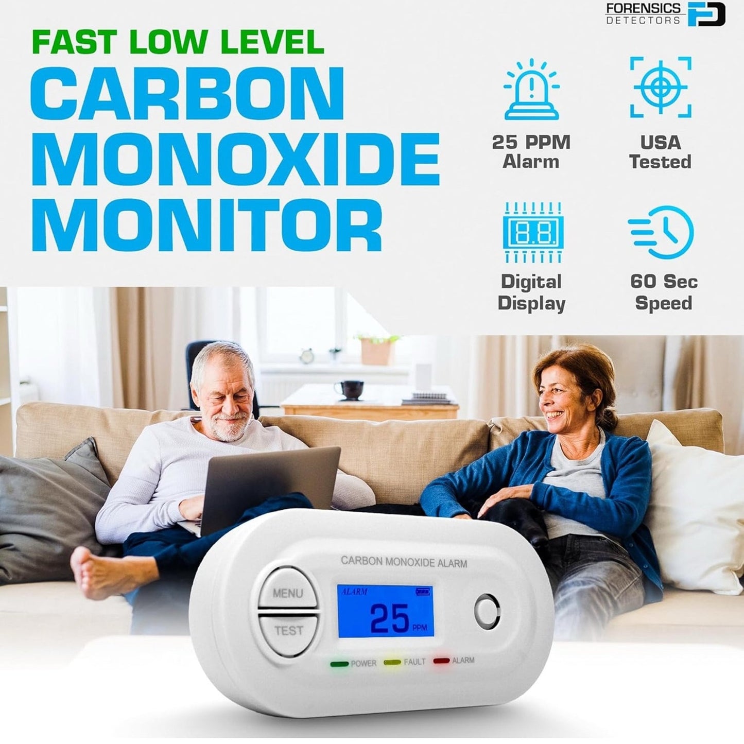 Fast Low Level CO Monitor by Forensics | Offices, Classrooms, Home, Retail | > 10ppm Display | 25ppm Alarm