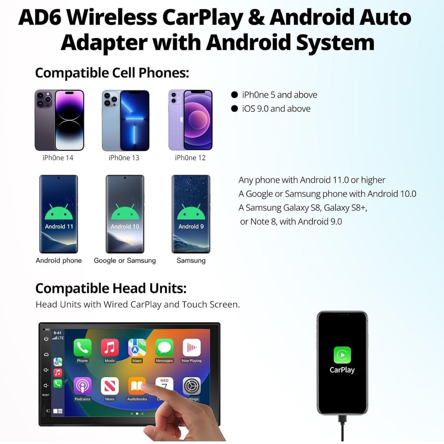 AD6 Wired CarPlay to Wireless CarPlay/Wireless Android Auto Adapter, Wireless Android Support OBD, Intelligent AI Voice Dongle with GPS Tracking, AI Box with Bluetooth, 4GB+64GB