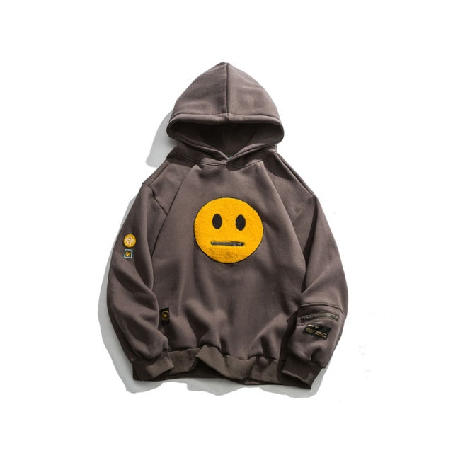 Zipper Pocket Smile Face Cotton Streetwear Pullover Hoodie (Unisex)