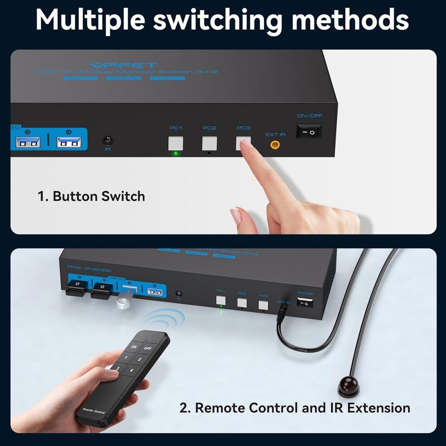 HDMI KVM Switch 2 Monitors 3 Computers EDID Simulation 4K@60Hz 3 Ports KVM Switc