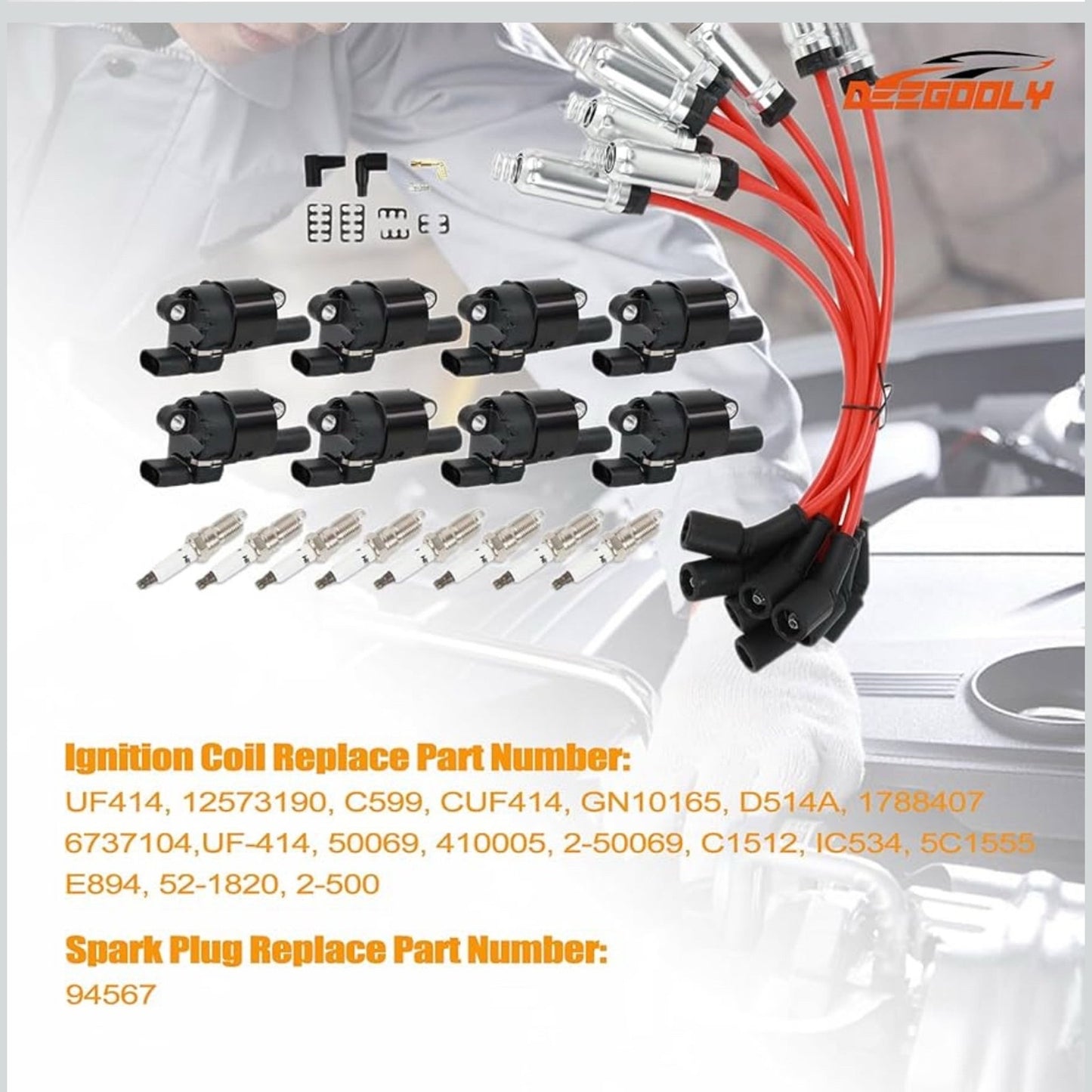 8X UF414 Round Ignition Coils Pack & Iridium Spark Plugs Wires Set for Chevrolet Corvette Avalanche Silverado 1500 2500 3500 GMC Savana 1500 2500 Cadillac Escalade