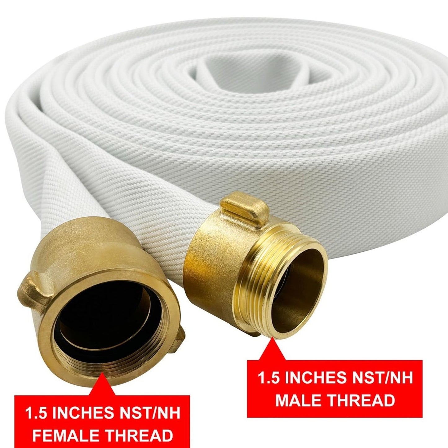 Fire Hose White, 1-1/2” x 50' Lay Flat Heavy-Duty Backwash/Discharge Hose, NST/NH Brass Connectors (1.5” NST/NH-50FT)