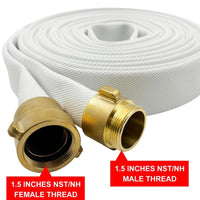 Fire Hose White, 1-1/2” x 50' Lay Flat Heavy-Duty Backwash/Discharge Hose, NST/NH Brass Connectors (1.5” NST/NH-50FT)
