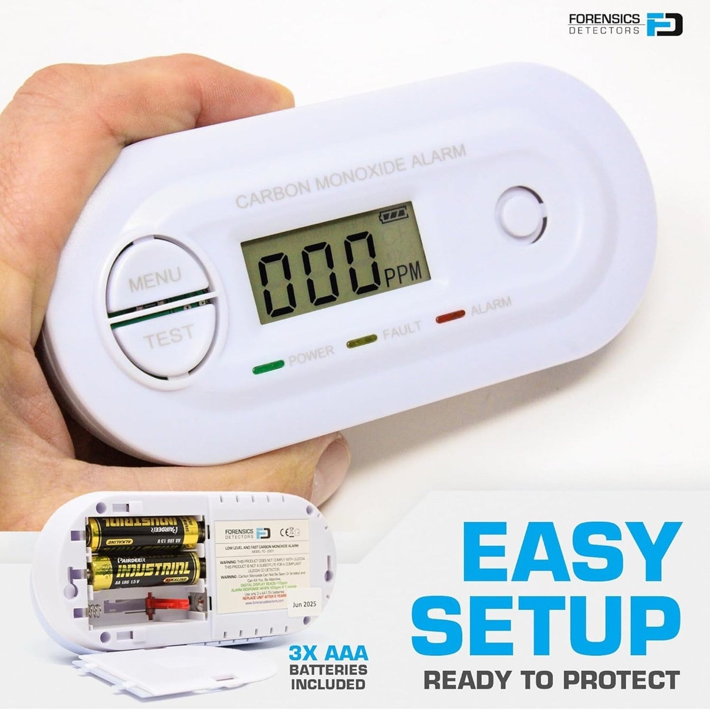 Fast Low Level CO Monitor by Forensics | Offices, Classrooms, Home, Retail | > 10ppm Display | 25ppm Alarm