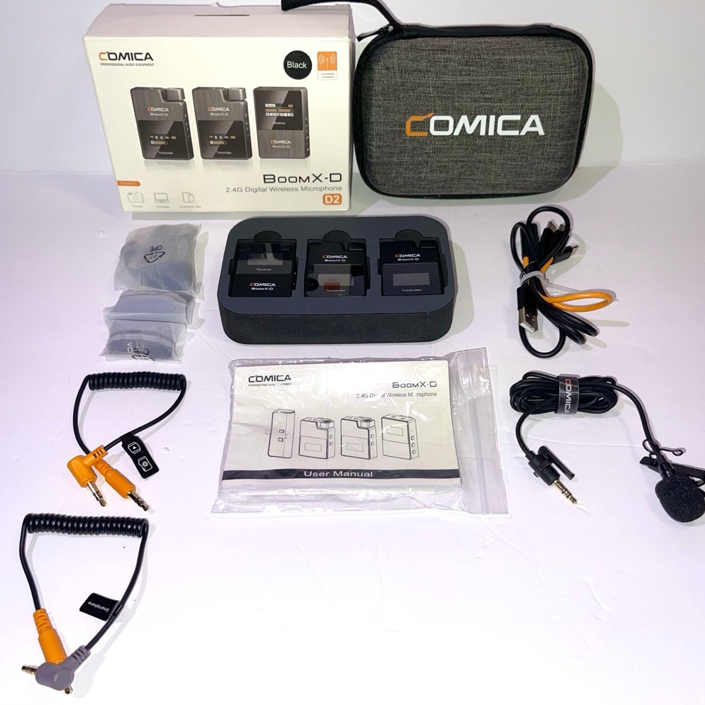 COMICA BoomX-D2 Wireless Lavalier Microphone, 2.4G Dual Lapel Mic with 2 Transmitters, Noise Cancellation, 656ft Range, with iPhone, Android, Camera, for YouTube Video Recording Streaming