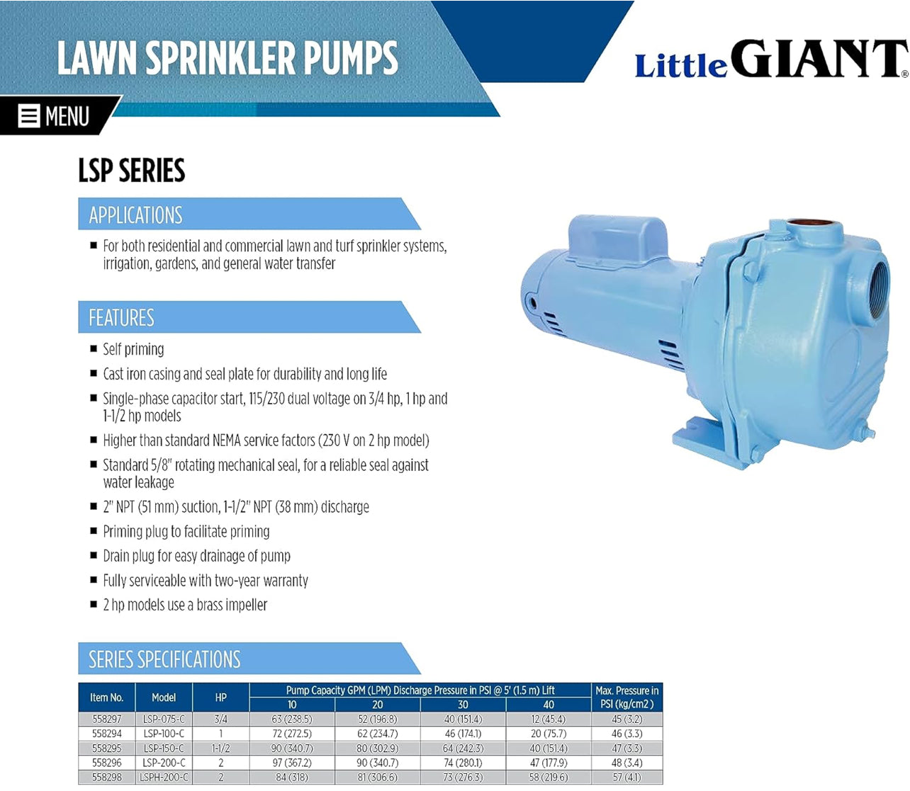 Little Giant LSPH-200-C 2 HP, 230V 84 GPM, 57 PSI High Pressure Sprinkler/Irrigation Pump, Blue, 558298
