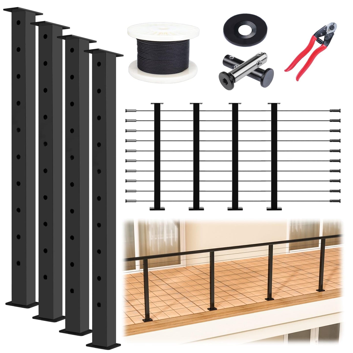 Muzata 15-20FT Modular Black Cable Railing Kit 36” 4 Level Post Kit Complete Set Cable Railing System For Decks Length Adjustable Easy DIY With Paper User Guide (No Handrail) RWS2 BH4S