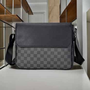 Medium Checkerboard Black/Grey Leather Shoulder Bag (Unisex)