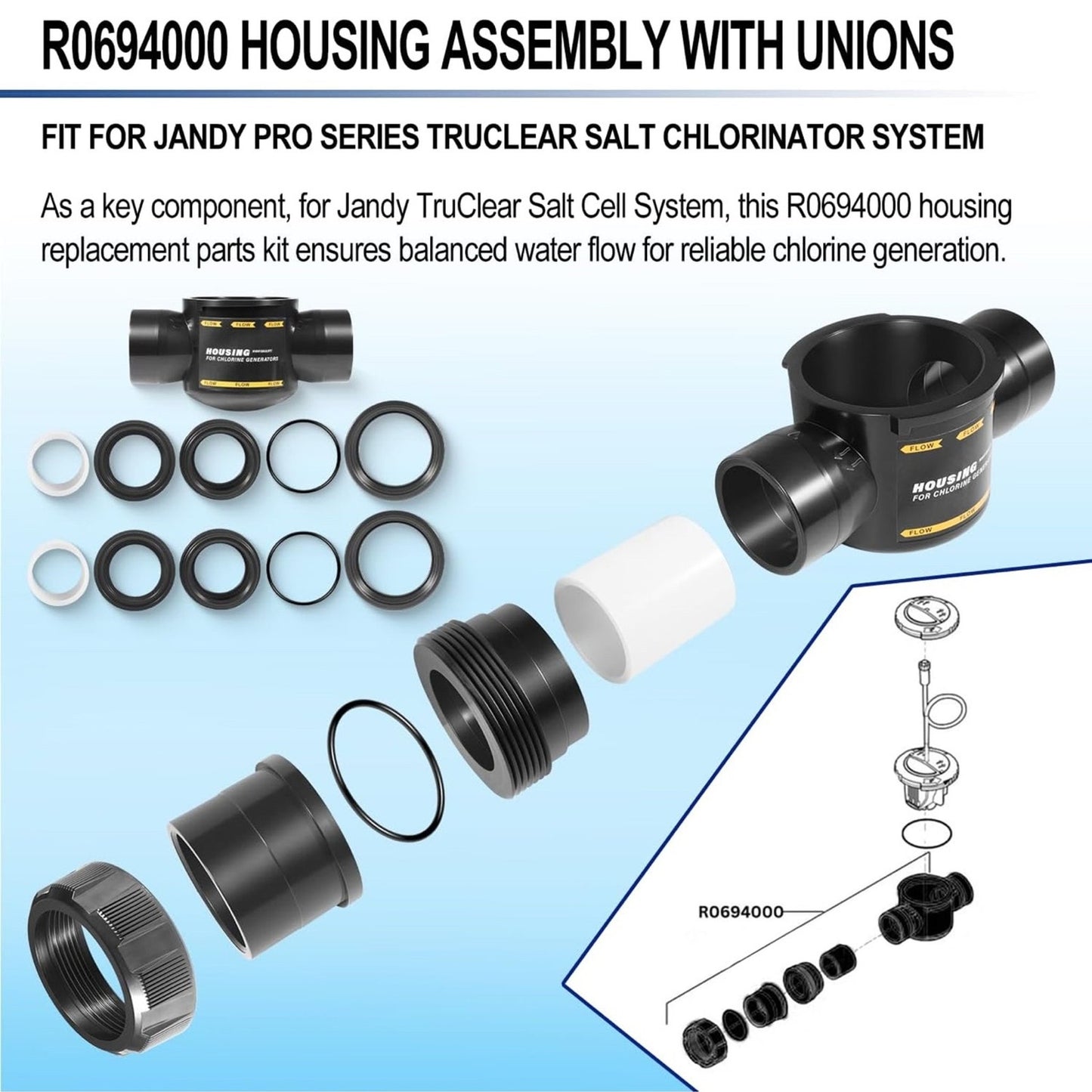 R0694000 Housing Assembly with Unions O-Ring Replacement Kit for Zodiac *NOTE*