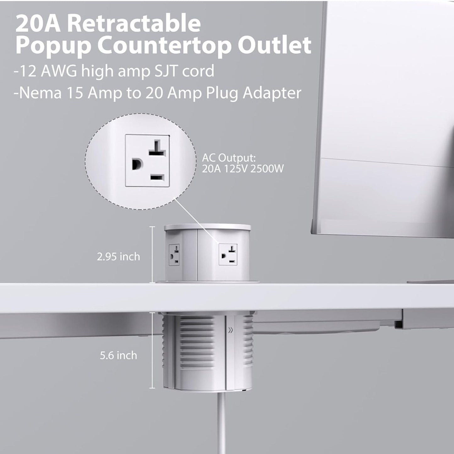 20 Amp Pop Up Countertop Outlet w/ 15W Wireless Charger,Max 65W Power Delivery,4