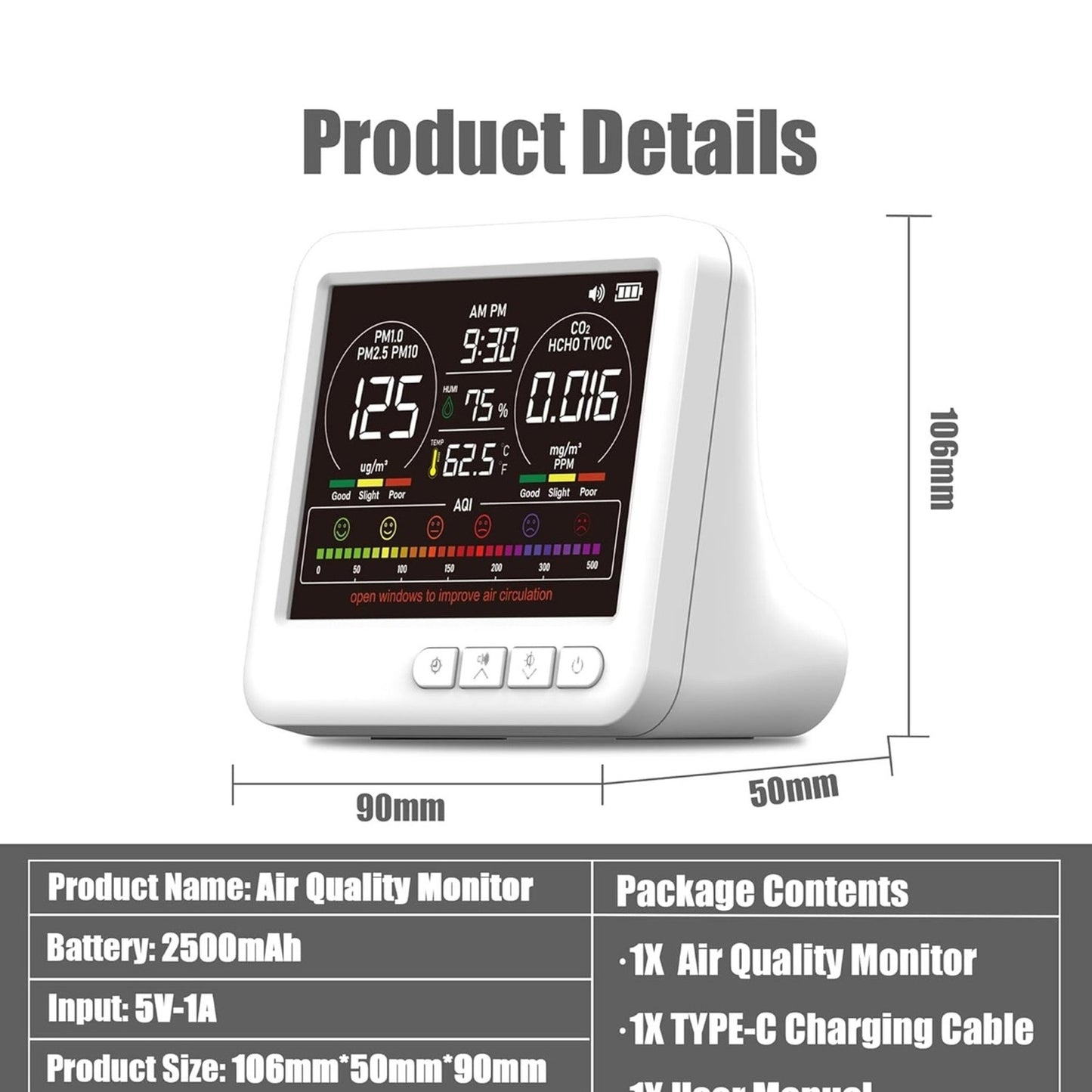 Professional Indoor Air Quality Monitor 7X AQI Alarms,16 in 1 Portable Real-Time Detector for PM2.5 | PM10 | CO2 | TVOC | HCHO | Temp | Hum for Home Cars Plants Pets