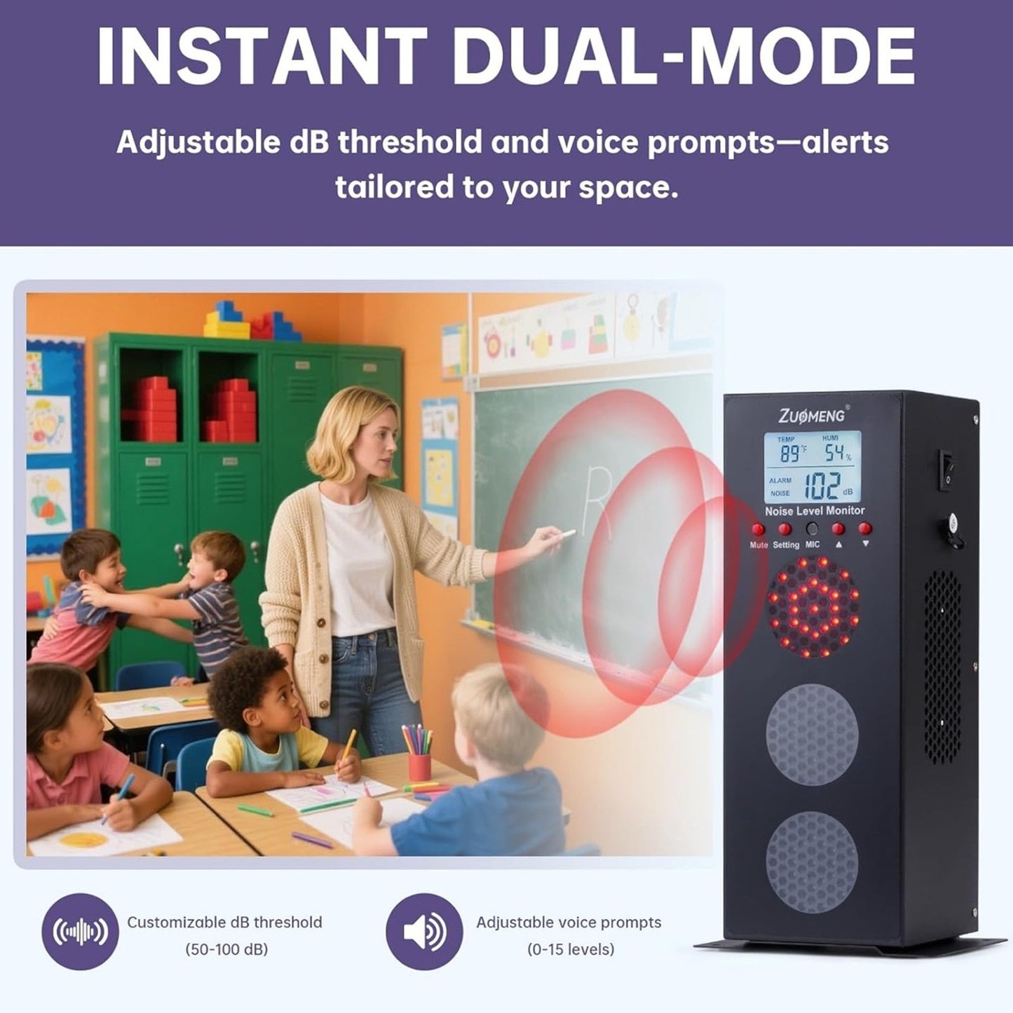 Noise Detector with Traffic Light Alert & Adjustable dB Threshold & Volume, Temp & Humidity Display, Metal Housing, for Classroom Noise Control, Fun Interaction for Easy Noise Management
