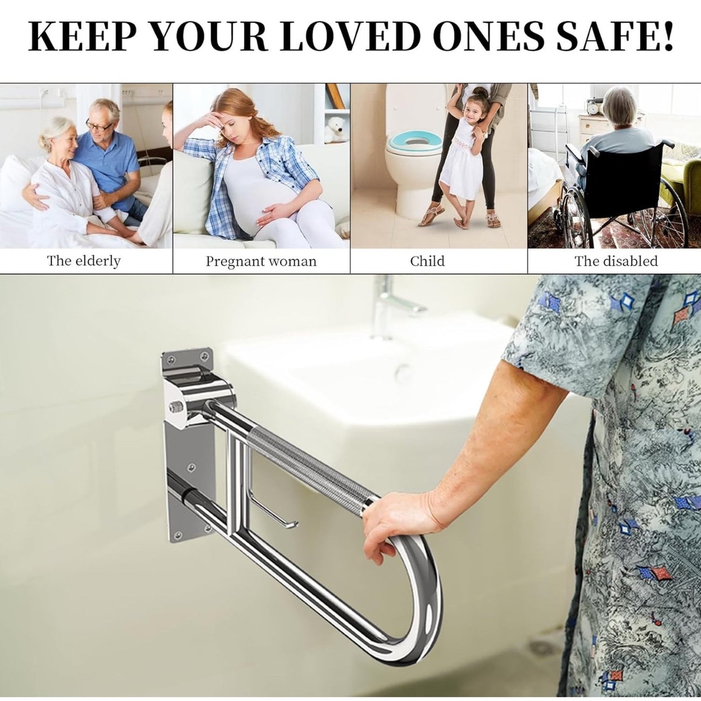 Toilet Grab Bar 22” Flip Up Grab Bar Paper Holder, Polished Chrome Anti-Slip Safety Bars for Toilet, Stainless Steel Knurled Toilet Handles for Seniors Disabled Elderly Pregnant YuanDe