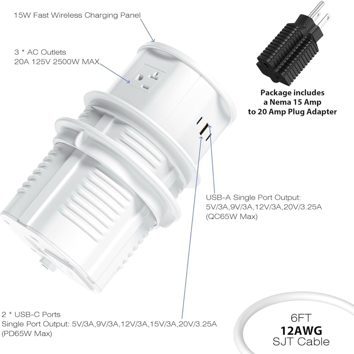 20 Amp Pop Up Countertop Outlet w/ 15W Wireless Charger,Max 65W Power Delivery,4
