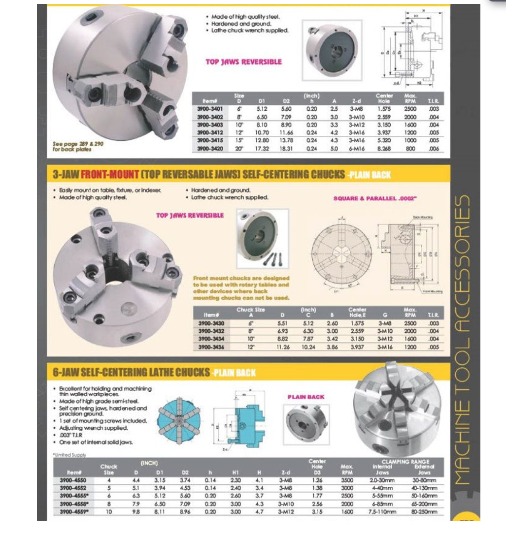 VERTEX 10" 3-Jaw Front Mount Lathe Chuck 2 Sets Of Jaws 10" Chuck Size 3800-5824