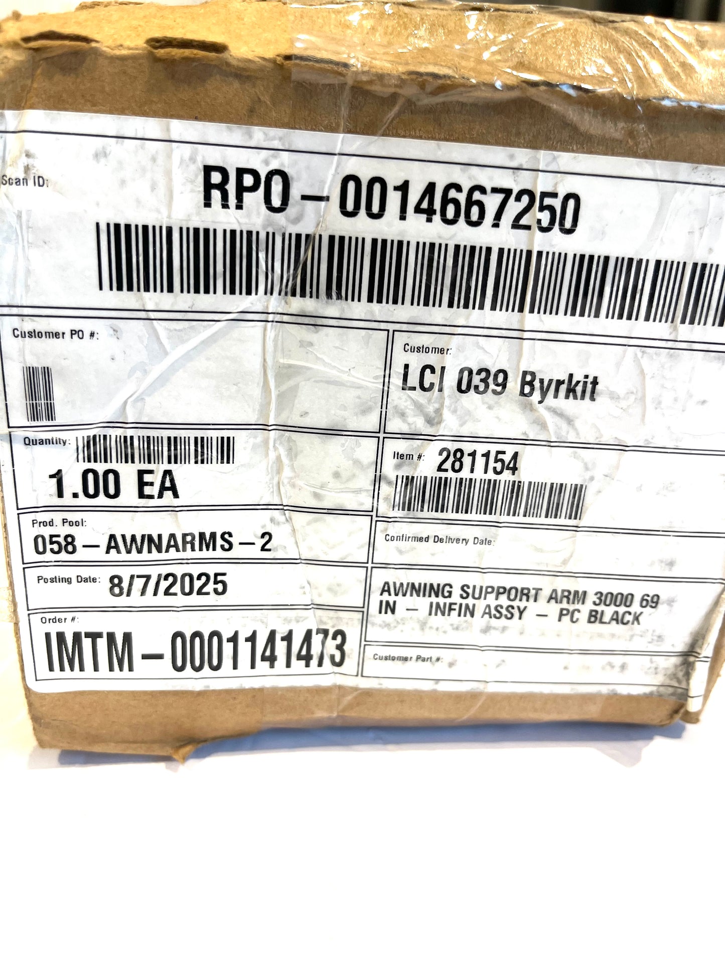 Standard Flat Awning Support Arm Assembly - Black Solera 281154 69"