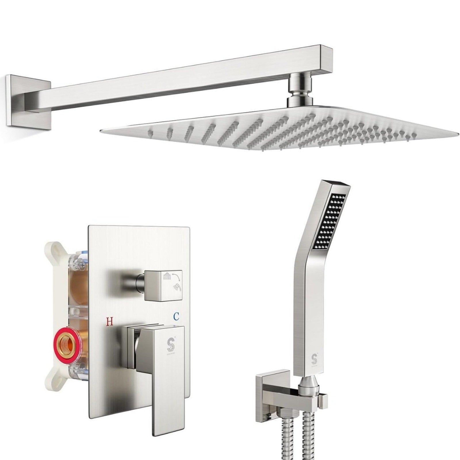SR SUN RISE Shower Faucet Set Bathroom Square Rain Shower Head with Handheld Spray Wall Mounted Rainfall Shower Fixtures Brushed Nickel Shower Faucet Trim Repair Kits (Contain Shower Valve)