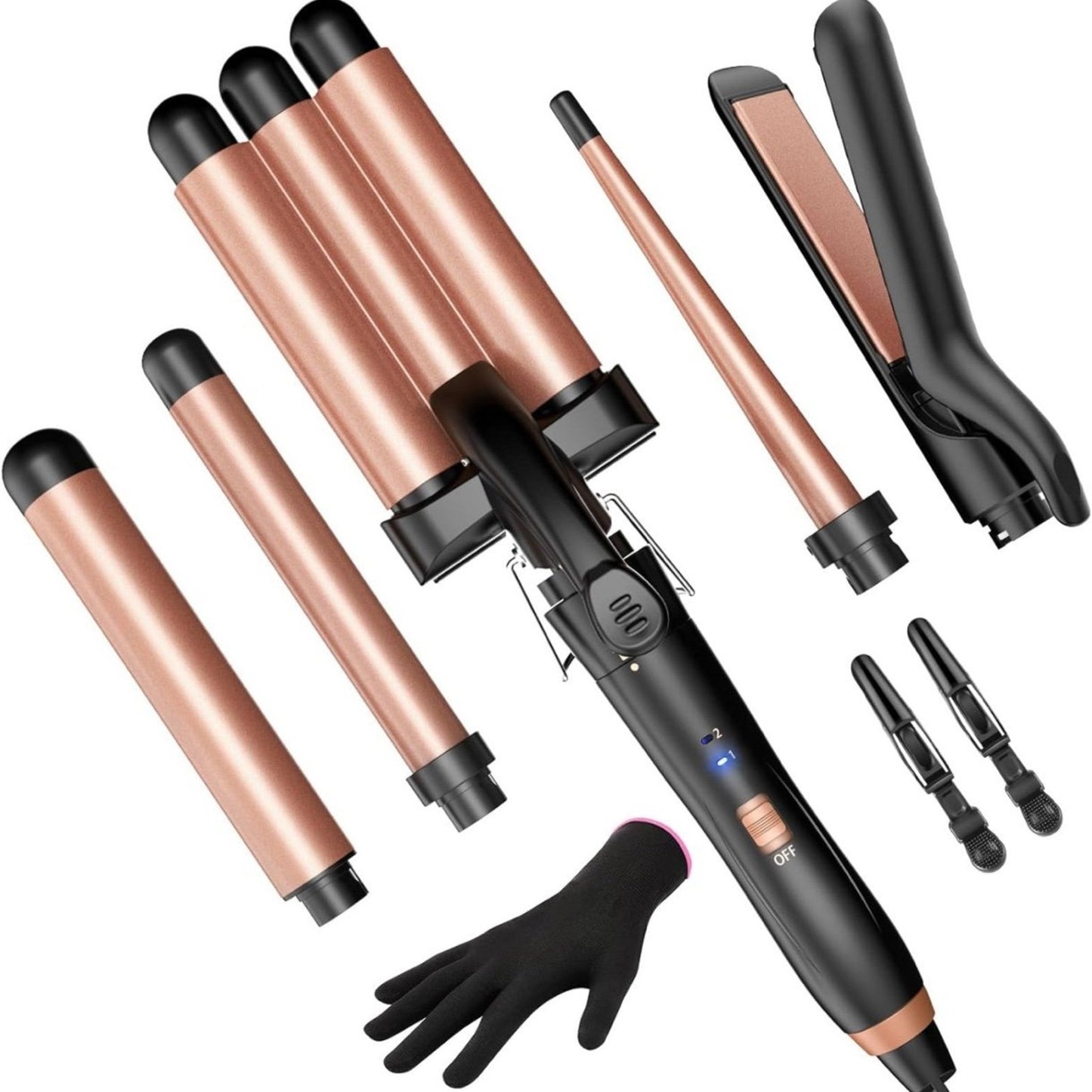 5-in-1 Ceramic Curling Iron Set 3 Barrels Flat Iron & Crimper Fast Heat 2 Temps Glove & Clip