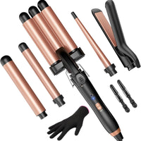 5-in-1 Ceramic Curling Iron Set 3 Barrels Flat Iron & Crimper Fast Heat 2 Temps Glove & Clip