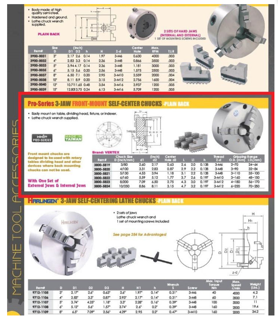 VERTEX 10" 3-Jaw Front Mount Lathe Chuck 2 Sets Of Jaws 10" Chuck Size 3800-5824