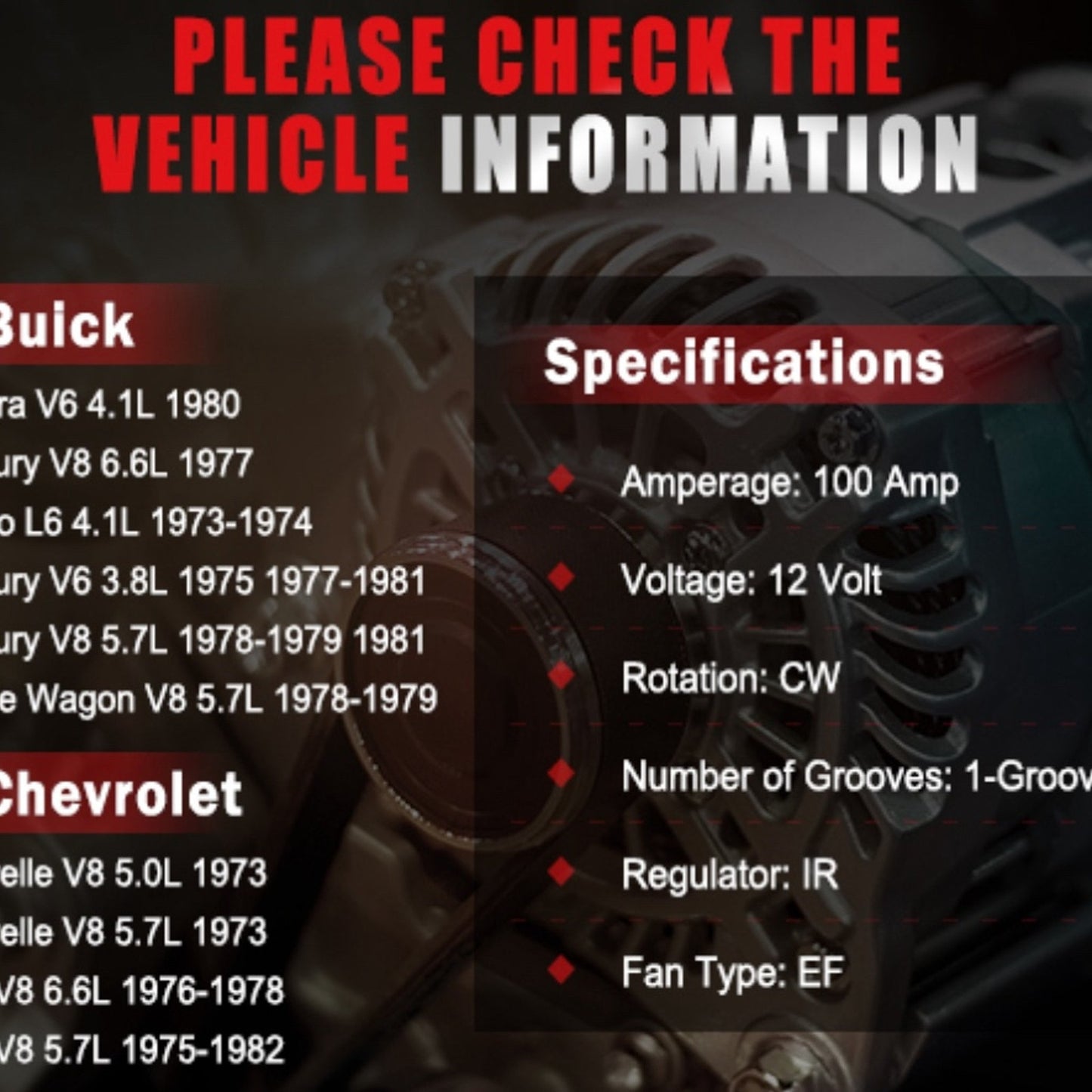 Alternator for Chevy One Wire 10SI SBC BBC GM, 105 Amp/12 Volt Electrical ADR0325 7127-SE105 400-12340 20-102-7