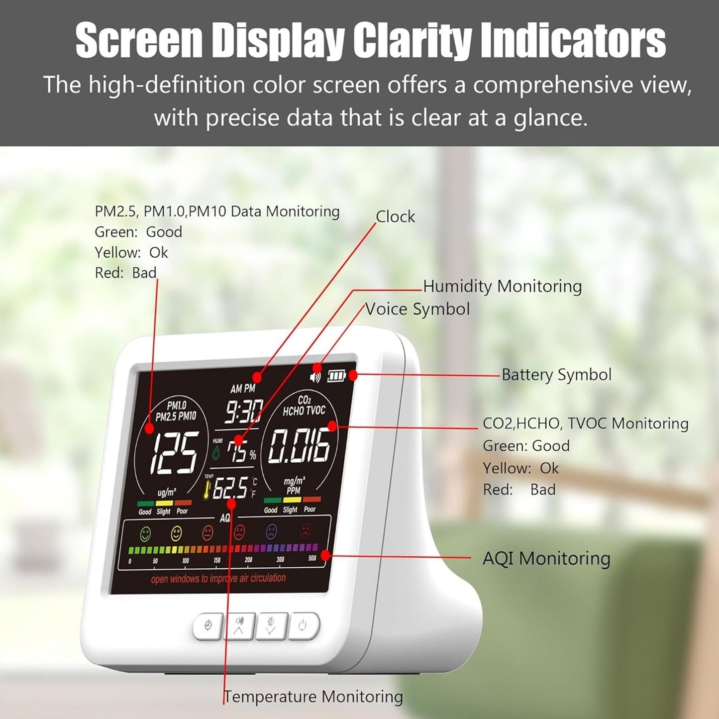 Professional Indoor Air Quality Monitor 7X AQI Alarms,16 in 1 Portable Real-Time Detector for PM2.5 | PM10 | CO2 | TVOC | HCHO | Temp | Hum for Home Cars Plants Pets