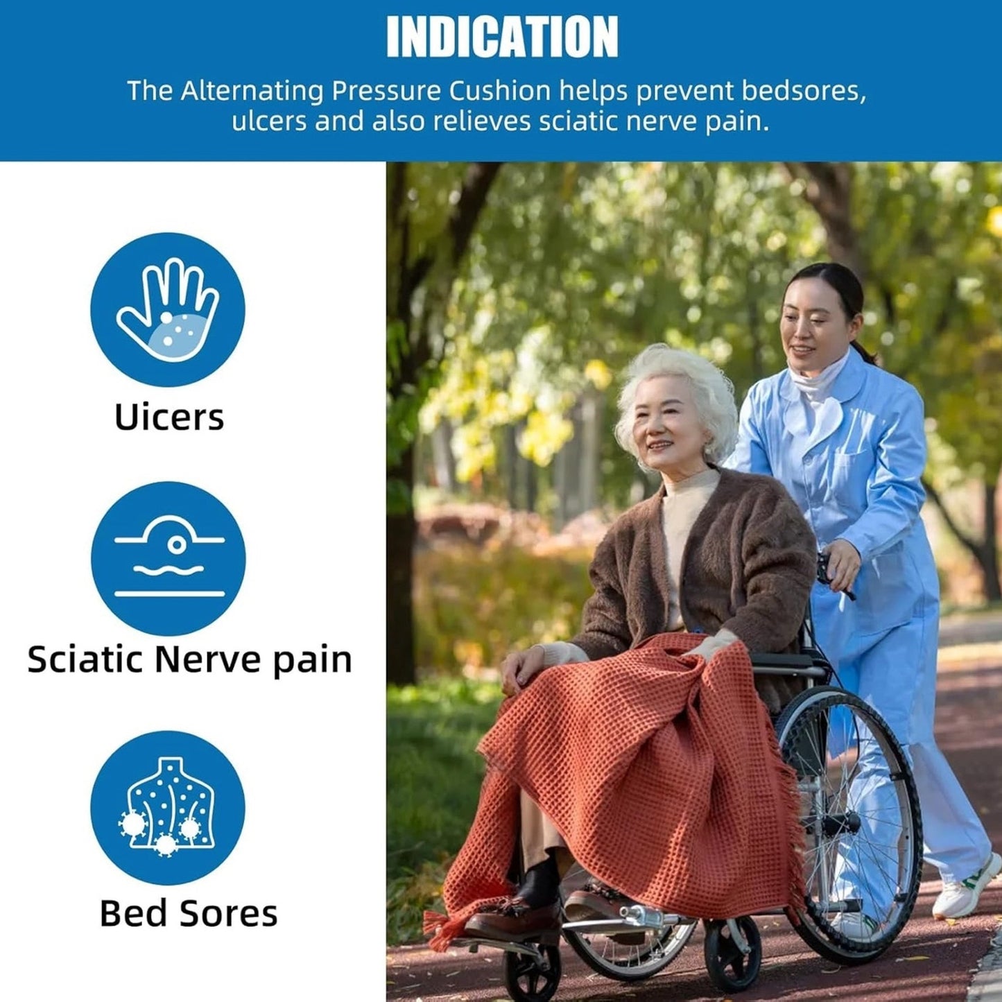 Alternating Pressure Seat Cushion for Wheelchairs with 24 Hour Air Pump Self Inflating Air Cell Cushion Pad for Pressure Relief Ulcer & Bed Sore Prevention Relieve Coccyx Tailbone Pain