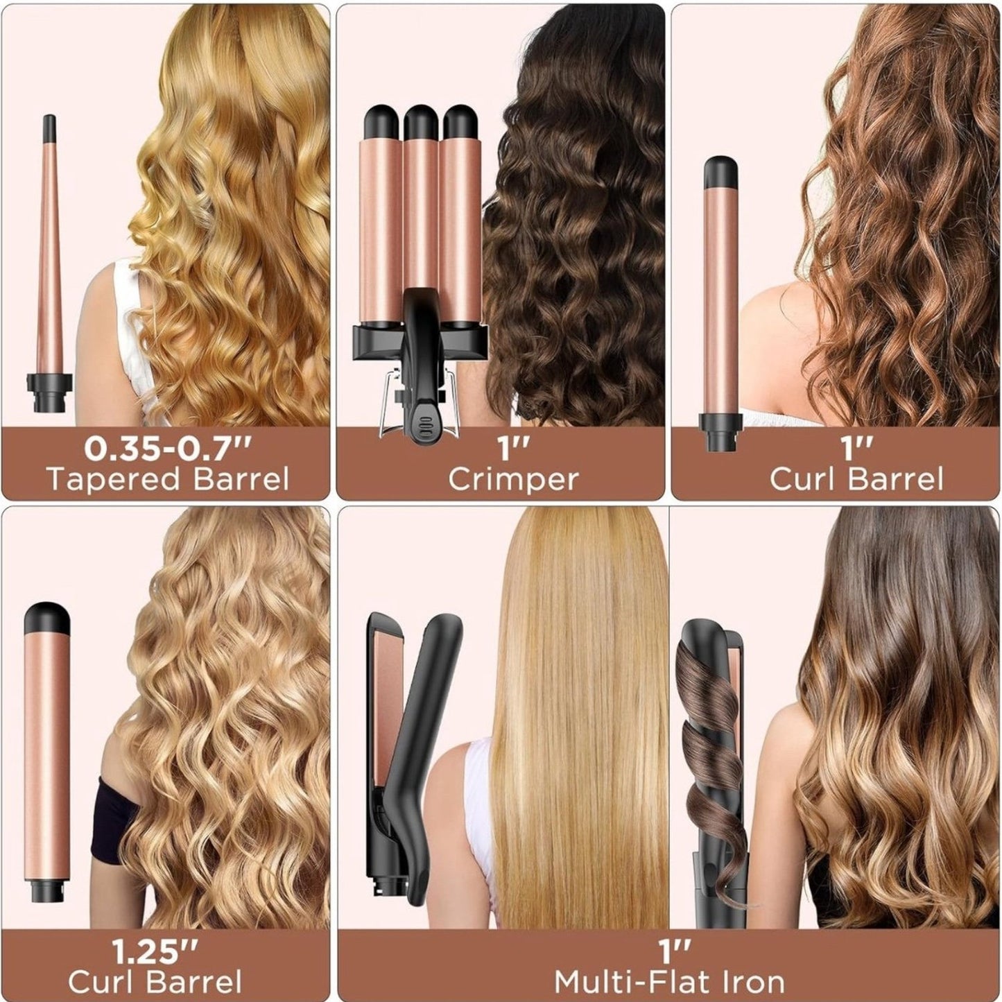 5-in-1 Ceramic Curling Iron Set 3 Barrels Flat Iron & Crimper Fast Heat 2 Temps Glove & Clip