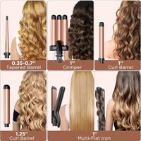 5-in-1 Ceramic Curling Iron Set 3 Barrels Flat Iron & Crimper Fast Heat 2 Temps Glove & Clip