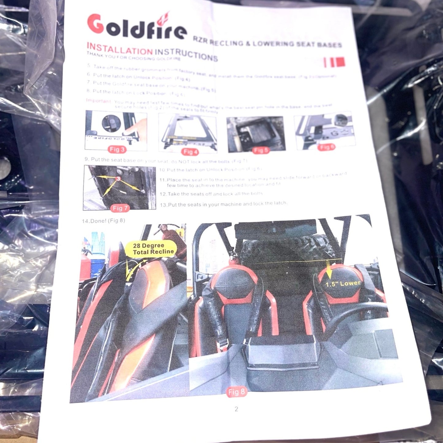 Goldfire RZR Seat ,Universal RZR Seat Lowering Base 1.5" Recline Seat Drop Brackets Mounts for Polaris RZR 800 / 900 / S 1000 / XP 1000 / XP Turbo /General Models