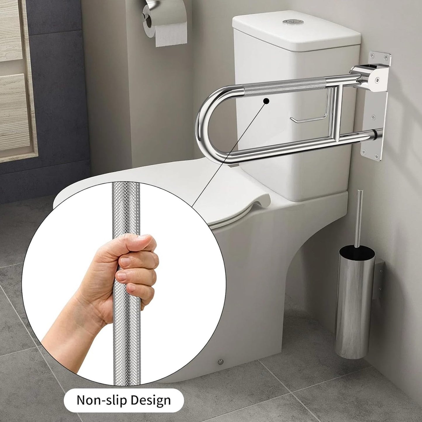 Toilet Grab Bar 22” Flip Up Grab Bar Paper Holder, Polished Chrome Anti-Slip Safety Bars for Toilet, Stainless Steel Knurled Toilet Handles for Seniors Disabled Elderly Pregnant YuanDe