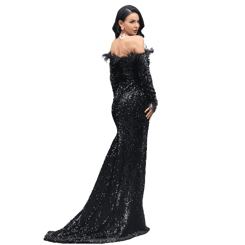 FORMAL SHOULDER FEATHER LONG SLEEVE REFLECTIVE SEQUIN FLOOR LENGTH MAXI NIGHT GOWN EVENING DRESS (WOMEN)