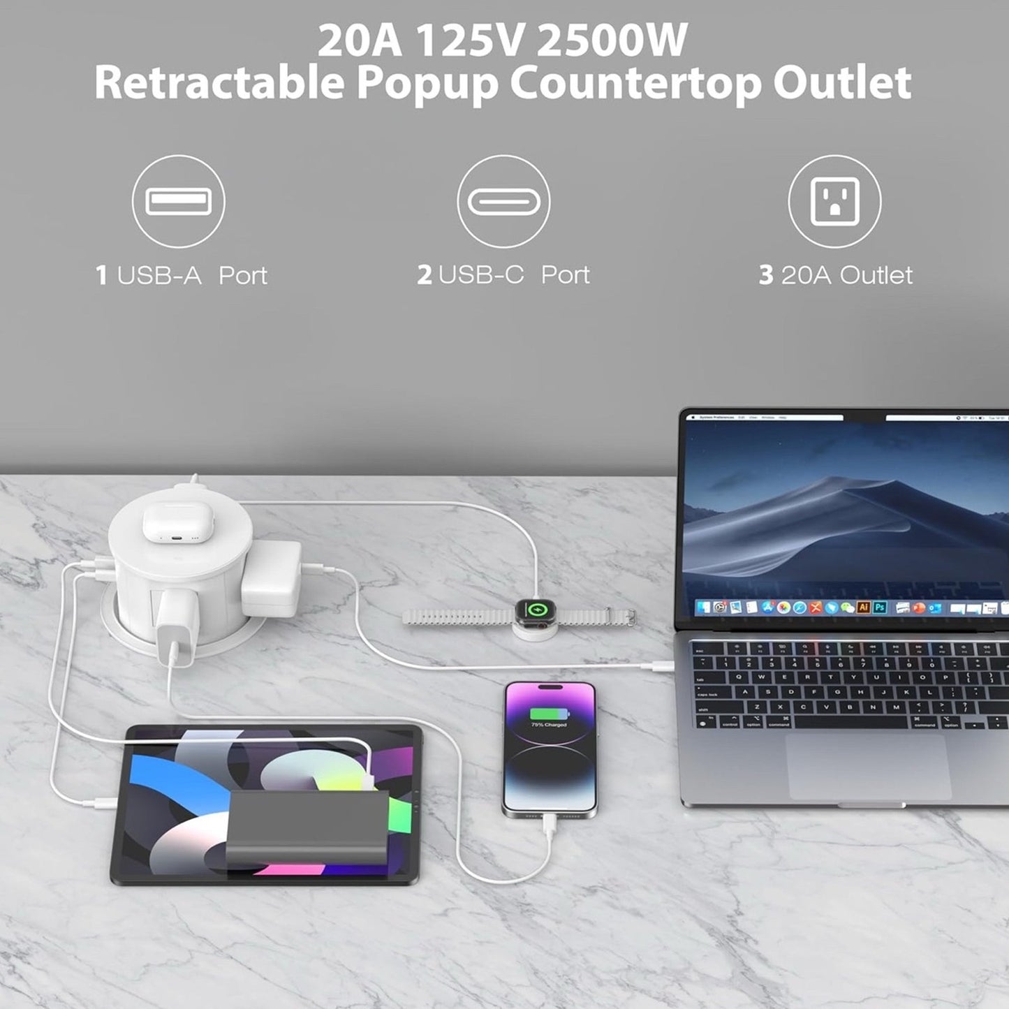 20 Amp Pop Up Countertop Outlet w/ 15W Wireless Charger,Max 65W Power Delivery,4