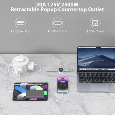 20 Amp Pop Up Countertop Outlet w/ 15W Wireless Charger,Max 65W Power Delivery,4