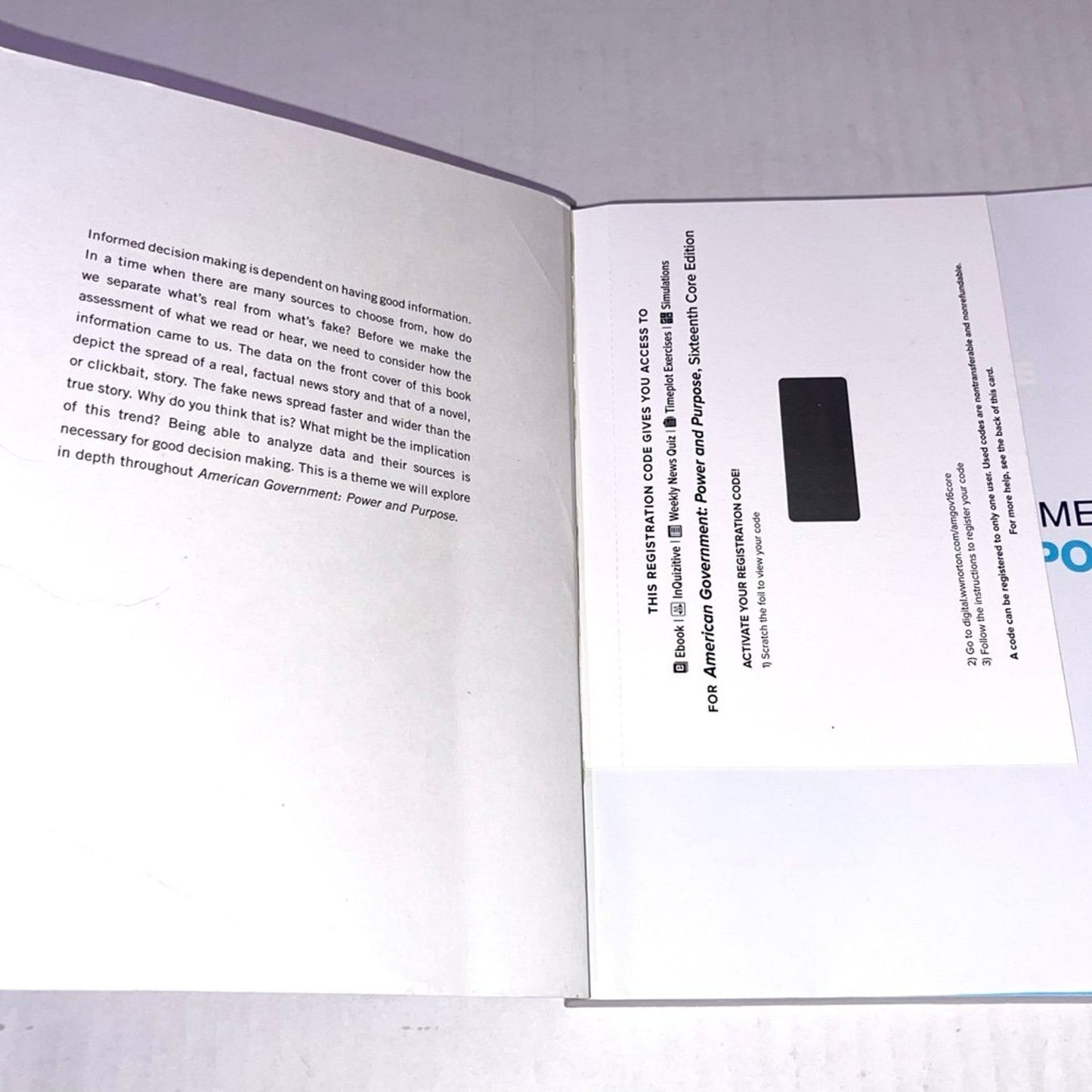 American Government: Power and Purpose Core Sixteenth Edition NEW ONLINE CODE ISBN-13: 978-0393538946, ISBN-10: 039353894X