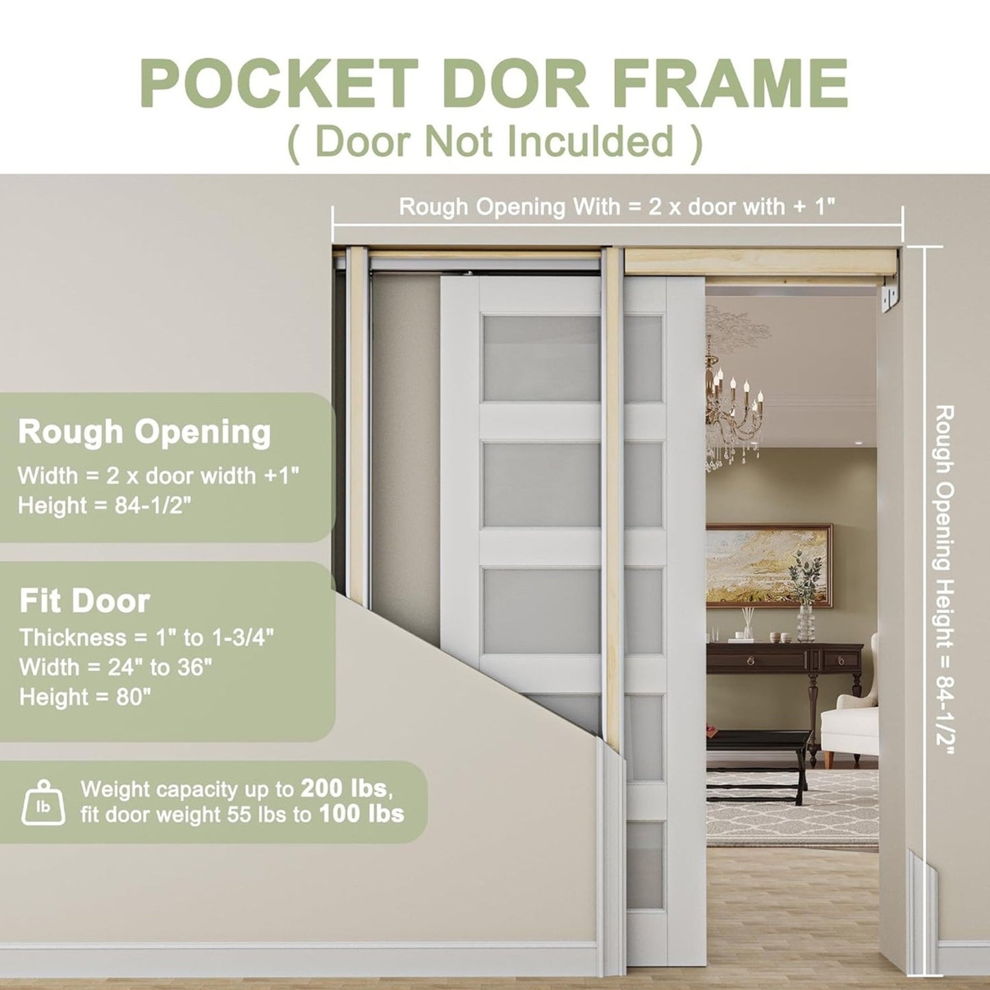Pocket Door Frame Kit with Hardware & Soft Close, Sliding Smoothly Quietly Hidden Door Kit, for 18-36 W x 80 H Doors, 2 x 4 Studs Pocket Doors Hardware for Bathroom or Bedroom Easy to Install