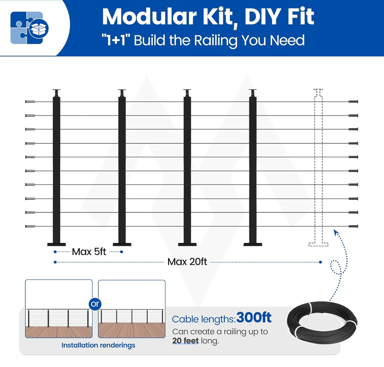 Muzata 15-20FT Modular Black Cable Railing Kit 36” 4 Level Post Kit Complete Set Cable Railing System For Decks Length Adjustable Easy DIY With Paper User Guide (No Handrail) RWS2 BH4S