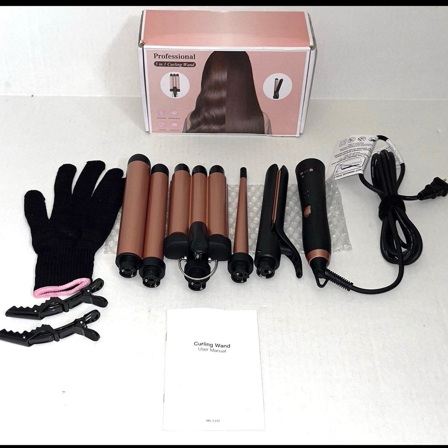 5-in-1 Ceramic Curling Iron Set 3 Barrels Flat Iron & Crimper Fast Heat 2 Temps Glove & Clip