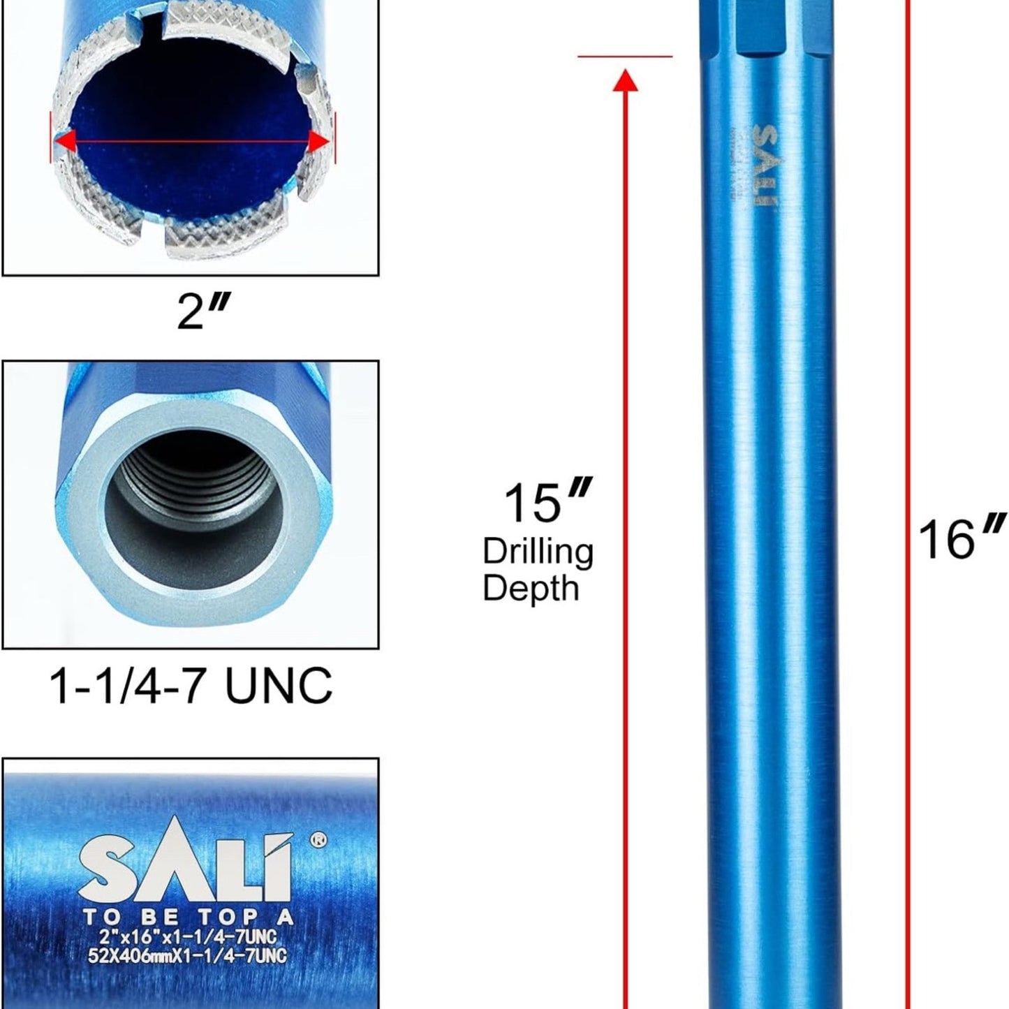 SALI Wet Diamond Core Drill Bits 2"/52mm Diameter, 15"/380mm Drilling Depth Conc