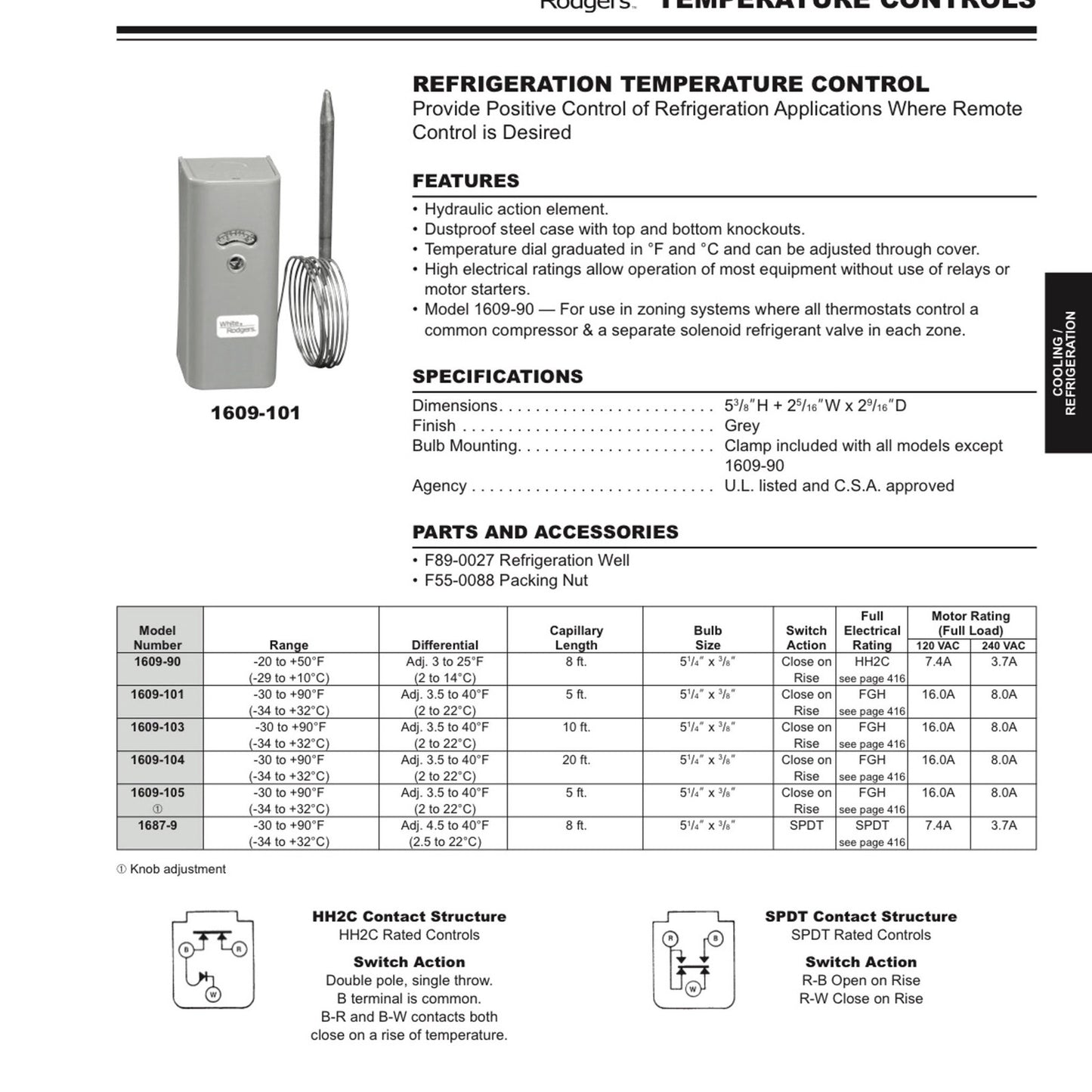 White-Rodgers W1609101 White-Rodgers 1609-101 Refrigeration Temperature Control