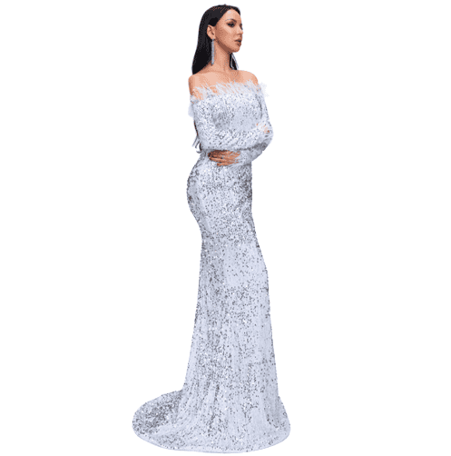 FORMAL SHOULDER FEATHER LONG SLEEVE REFLECTIVE SEQUIN FLOOR LENGTH MAXI NIGHT GOWN EVENING DRESS (WOMEN)