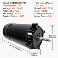 UST1102 1HP Swimming Pool Pump Motor With PS-201 Seal Kit for Hayward Super Pump, Super II, Max Flow, Northstar & Ja-Cuzzi Magnum Pump| 1 HP Single Speed Round C-Face Pool Motor, 115/230V
