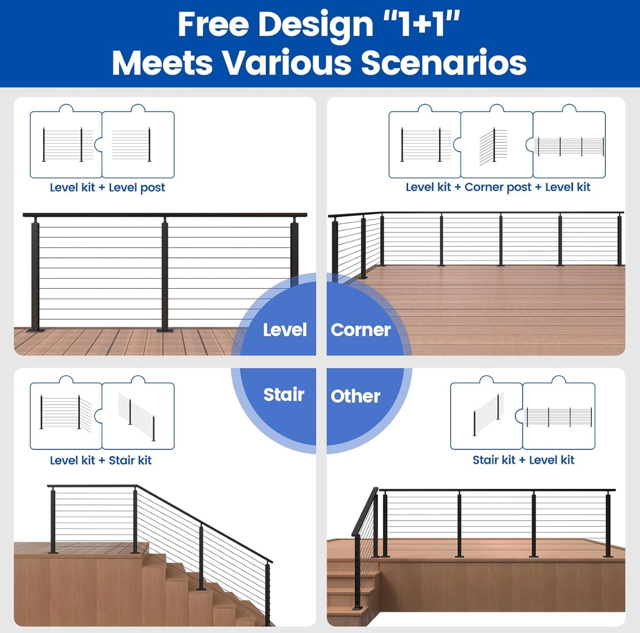 Muzata 15-20FT Modular Black Cable Railing Kit 36” 4 Level Post Kit Complete Set Cable Railing System For Decks Length Adjustable Easy DIY With Paper User Guide (No Handrail) RWS2 BH4S