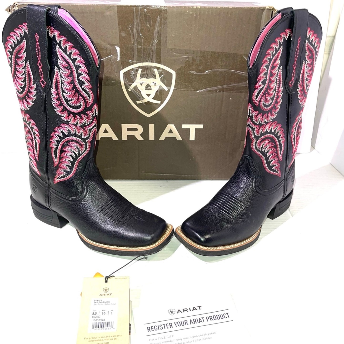 Ariat Women Cattle Caite Stretchfit Western Boot SZ 5.5B LEATHER BLK PINK COWGIRL