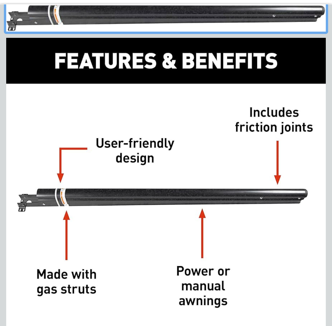 Standard Flat Awning Support Arm Assembly - Black Solera 281154 69"